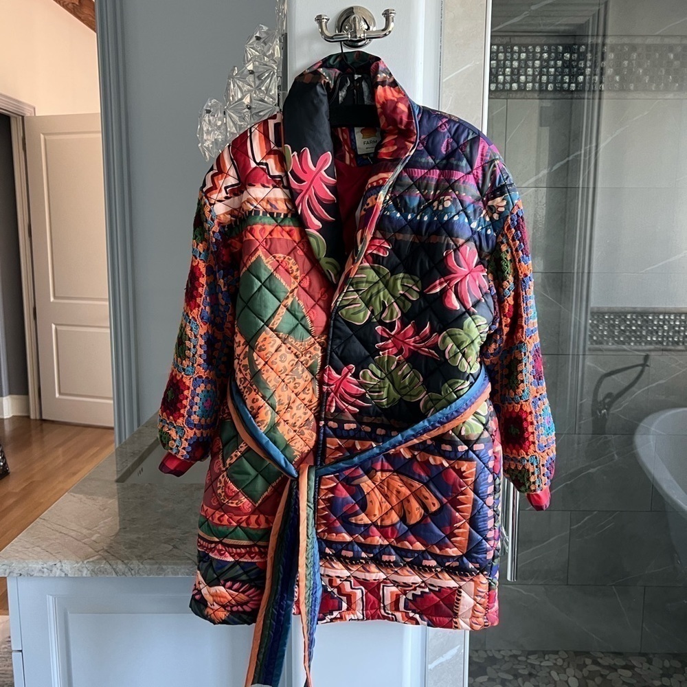 FARM RIO Patchwork Tapestry Crochet-Sleeve Puffer Jacket - Picture 10 of 14
